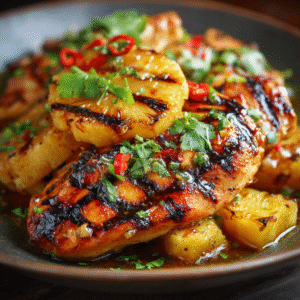 Hawaiian chicken and pineapple skillet with caramelized pineapple chunks in a sweet teriyaki sauce