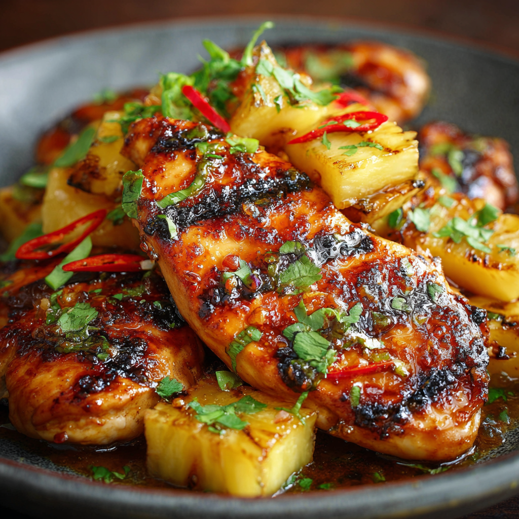Close-up of juicy Hawaiian chicken thighs with golden pineapple and colorful bell peppers in a pan