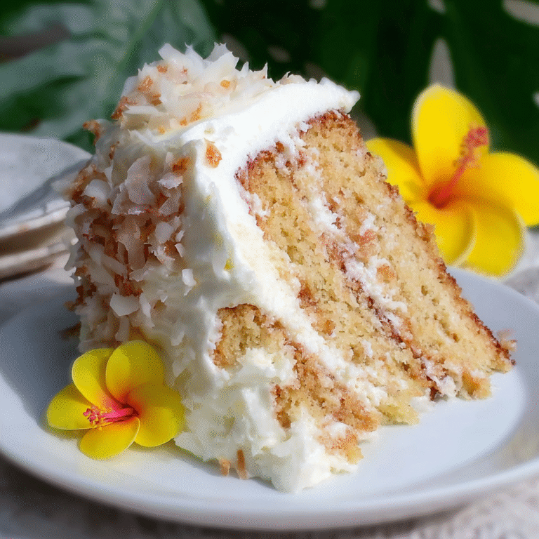 Hawaiian wedding cake with whipped cream cheese frosting topped with toasted coconut and crushed pineapple