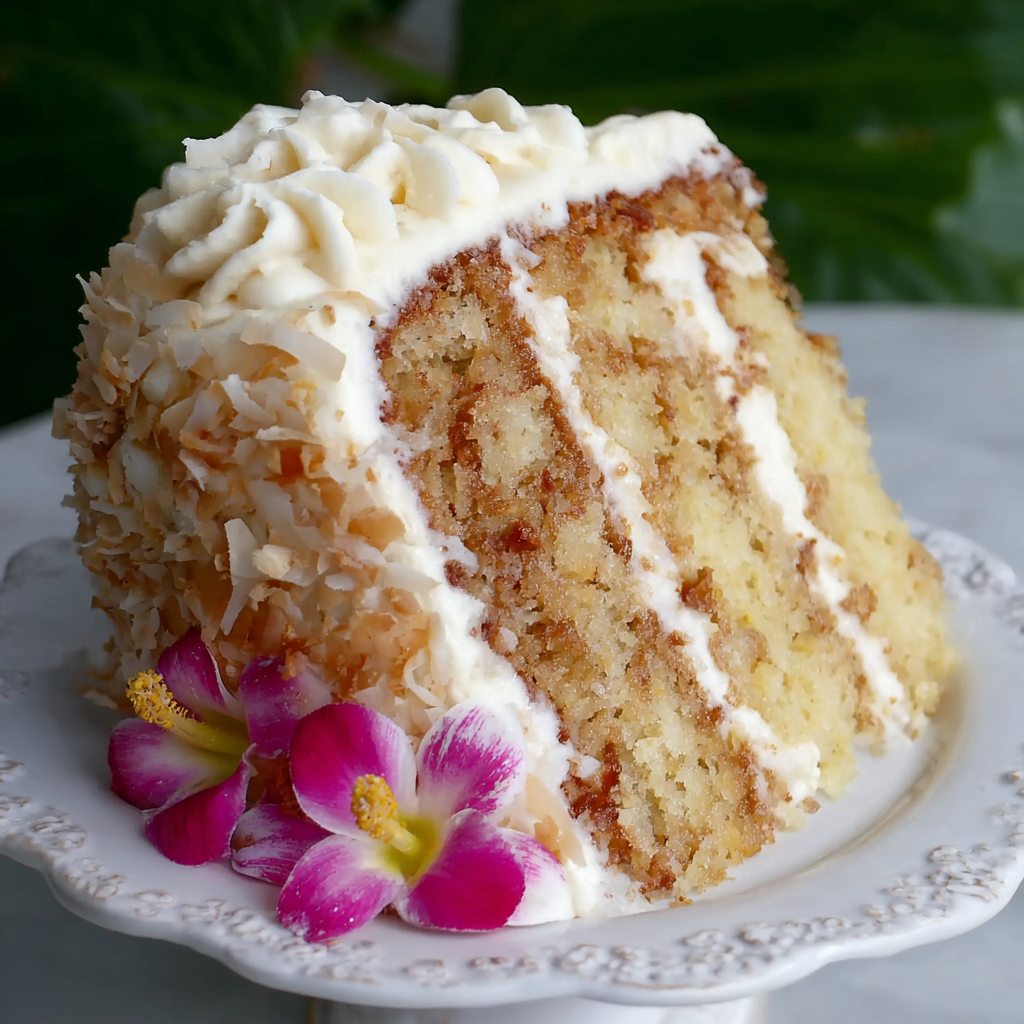 Slice of Hawaiian wedding cake showing moist pineapple layers with fluffy whipped cream cheese frosting