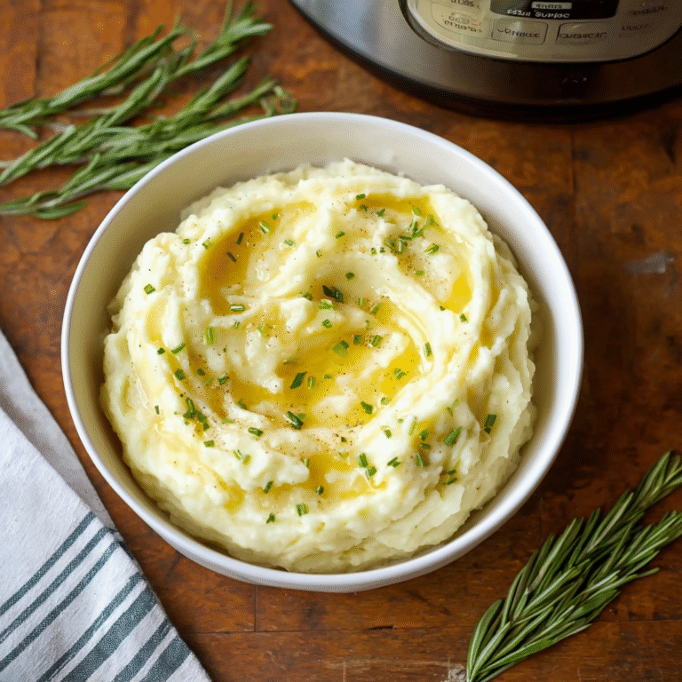 Instant Pot Mashed Potatoes in a white bowl topped with melted butter and fresh chives, with rosemary sprigs and an Instant Pot in the background