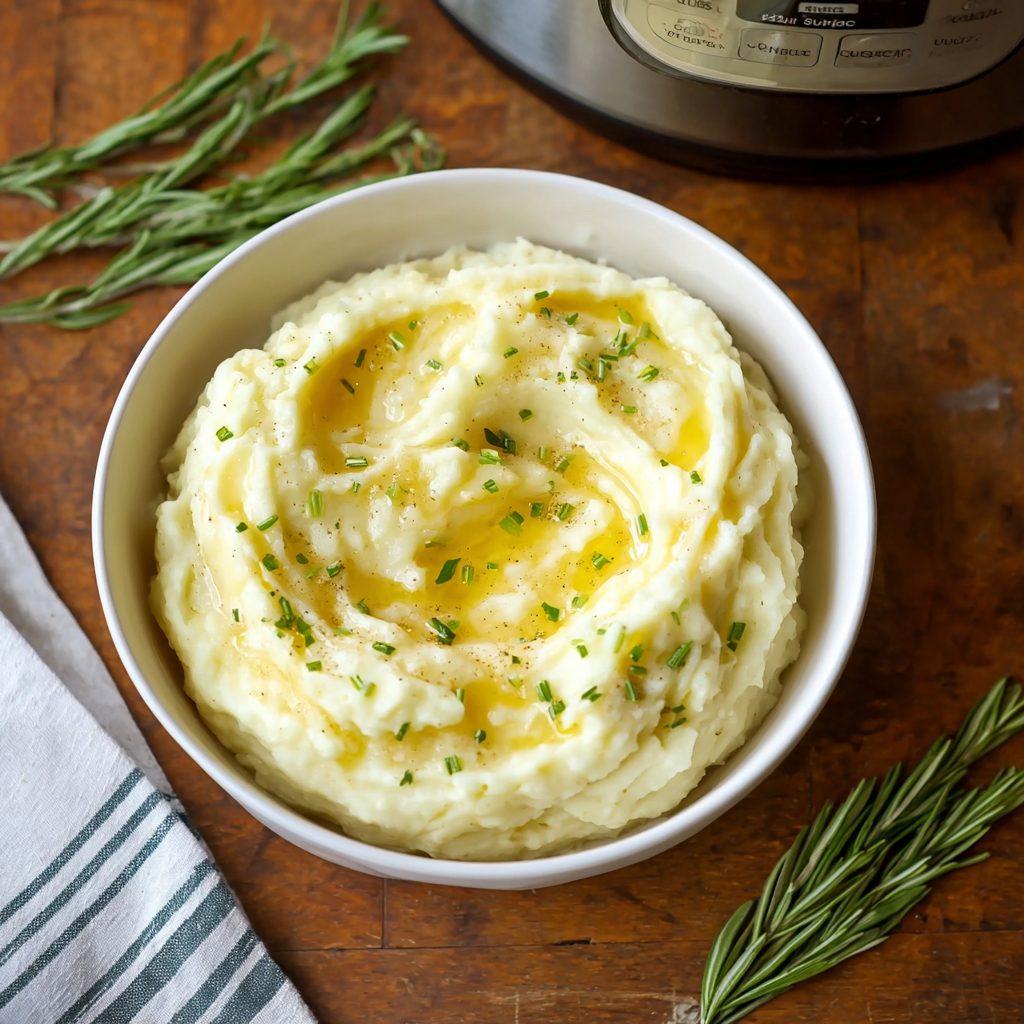 Instant Pot Mashed Potatoes in a white bowl topped with melted butter and fresh chives, with rosemary sprigs and an Instant Pot in the background