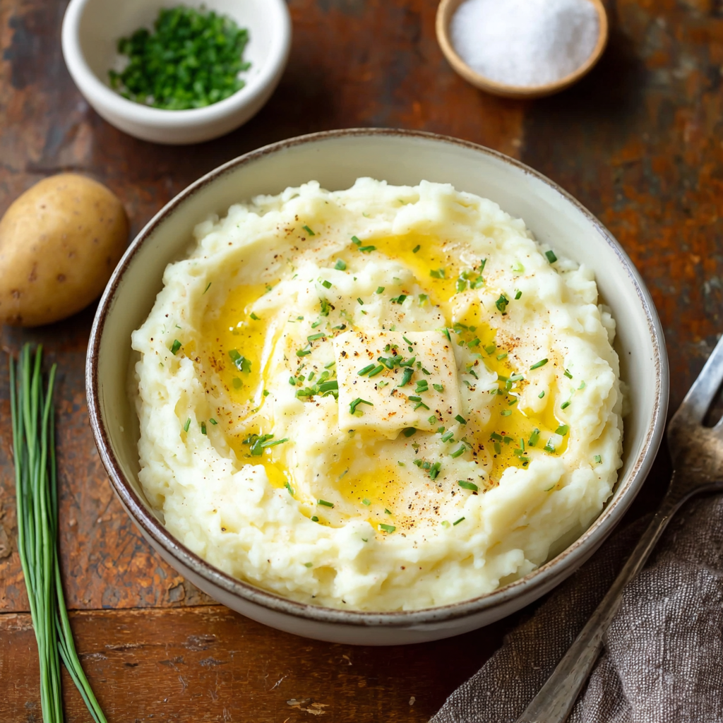 Creamy homemade mashed potatoes in a rustic bowl with melted butter, fresh chives, black pepper, and a raw potato on the side