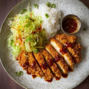 Crispy golden chicken katsu cutlet sliced on a wooden board with tonkatsu sauce and shredded cabbage