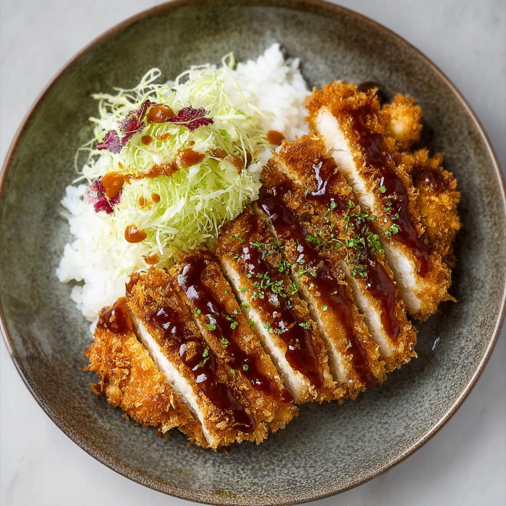 Chicken katsu served over steamed white rice in a Japanese bento-style bowl with pickled vegetables
