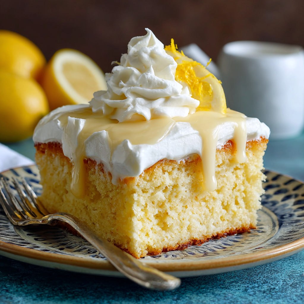 Whole lemon tres leches cake in a glass baking dish garnished with lemon zest and fresh lemon slices