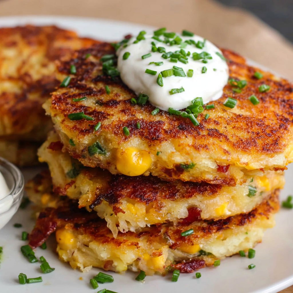Crispy loaded mashed potato cakes with bacon cheese and sour cream on top