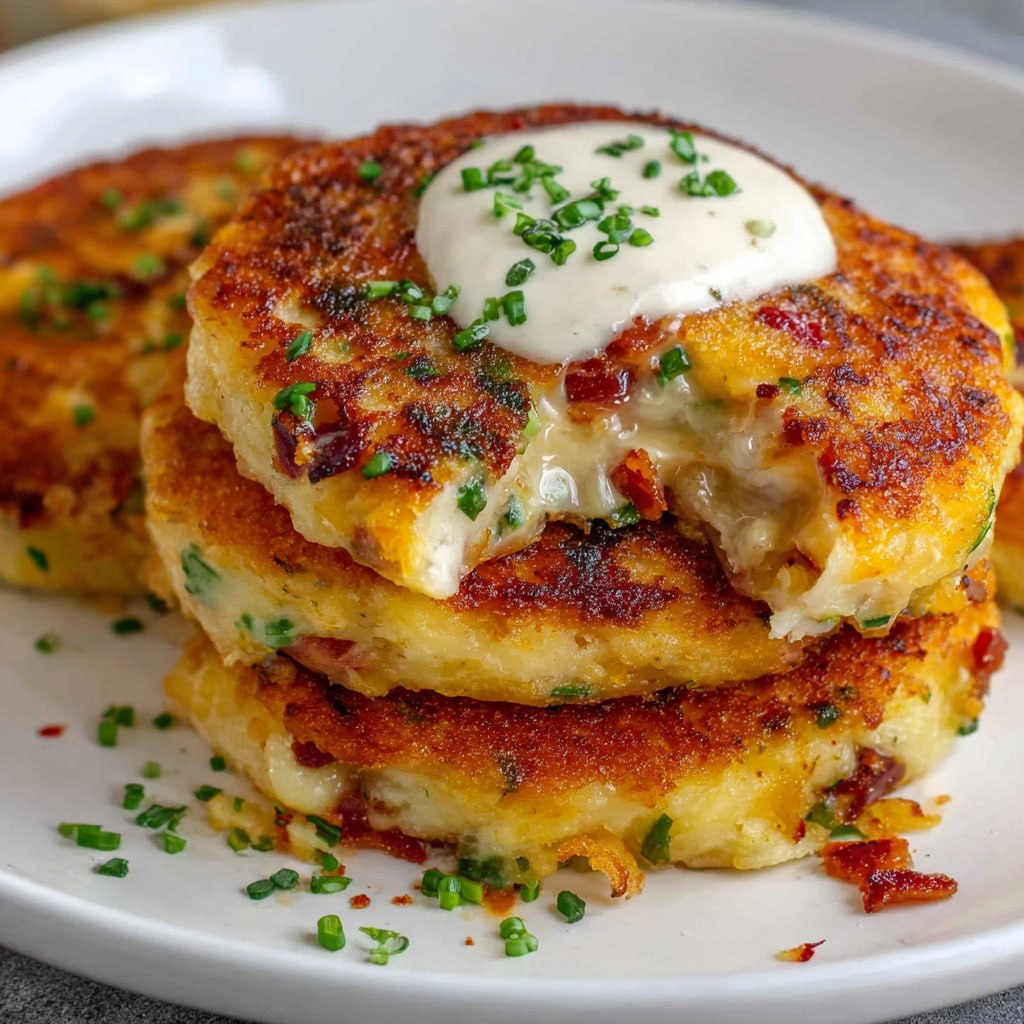 Loaded mashed potato cakes pan-fried crispy with sour cream and green onions served