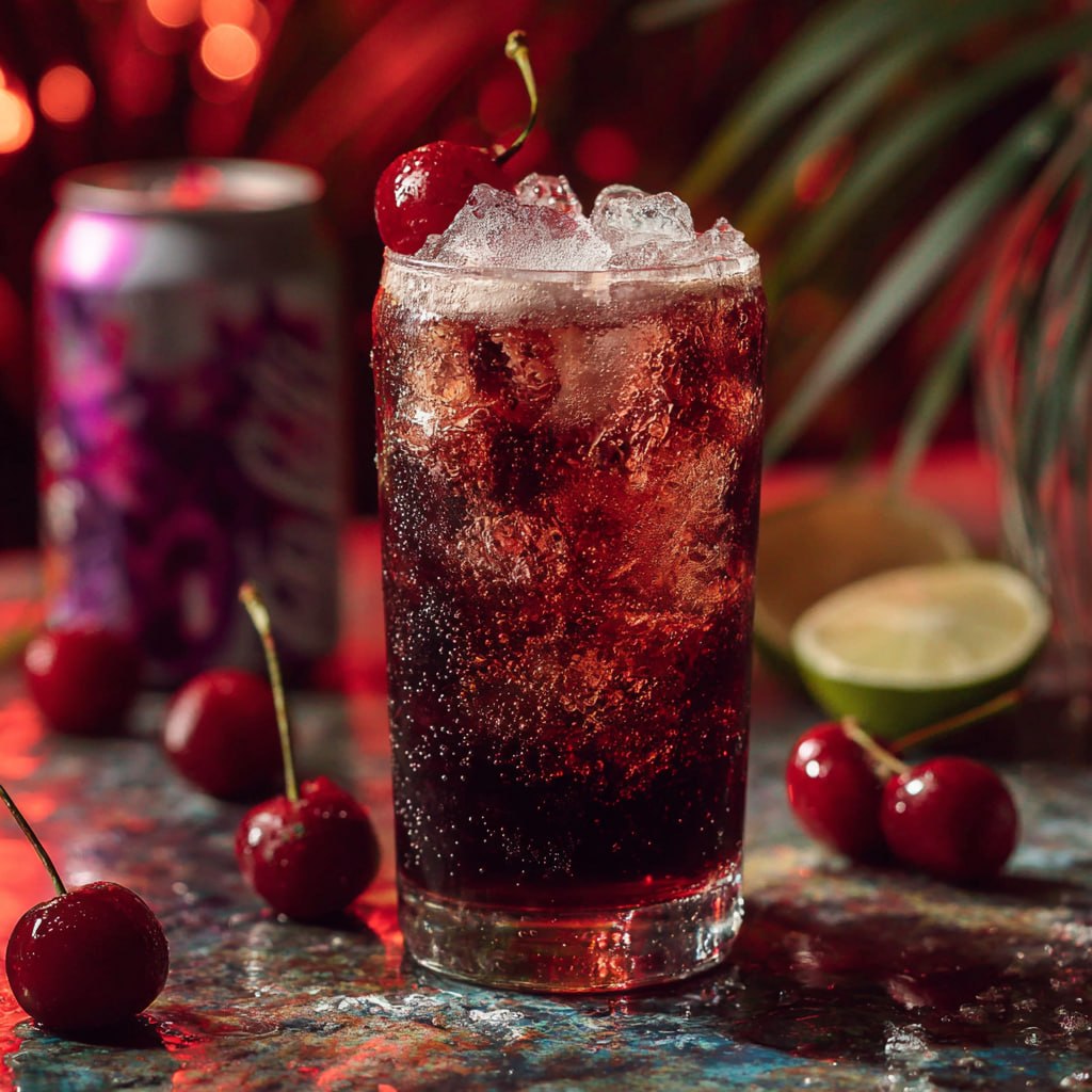 Dark purple Malibu dirty soda cocktail with grenadine swirl and lime wedge