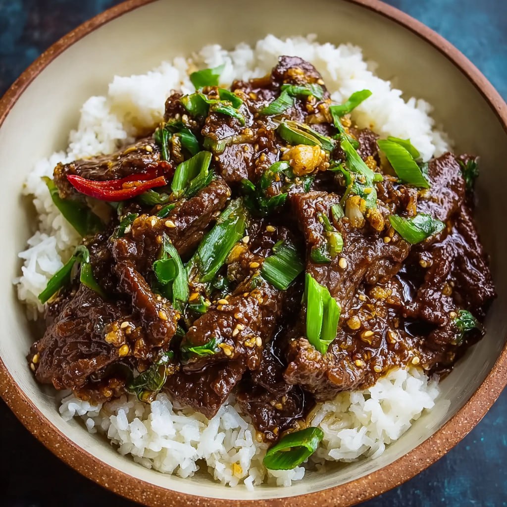 Close-up of tender Mongolian beef strips in rich soy ginger garlic sauce