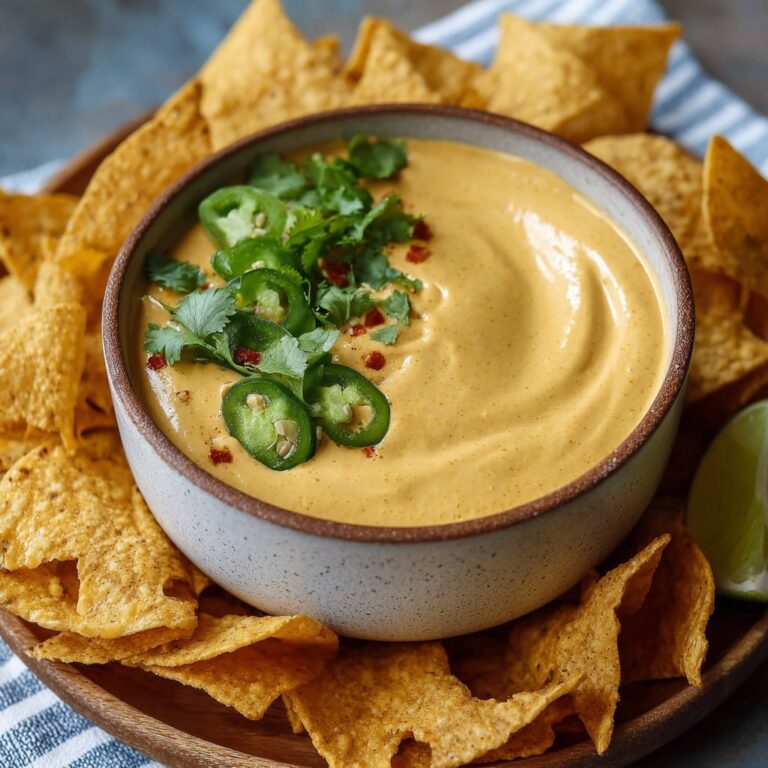Creamy nacho cashew cheese sauce in a bowl surrounded by tortilla chips and fresh jalapeños
