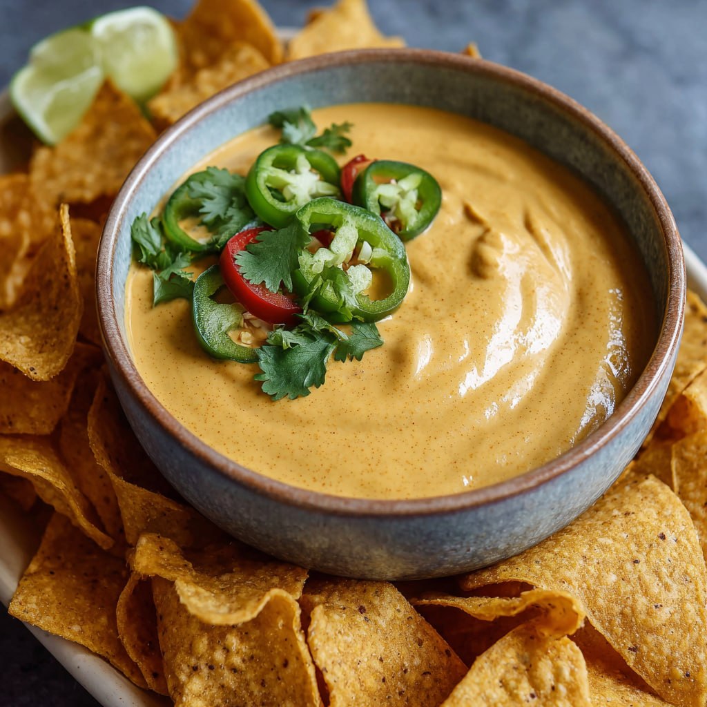 Golden nacho cashew cheese sauce being drizzled over loaded nachos with black beans and pico de gallo