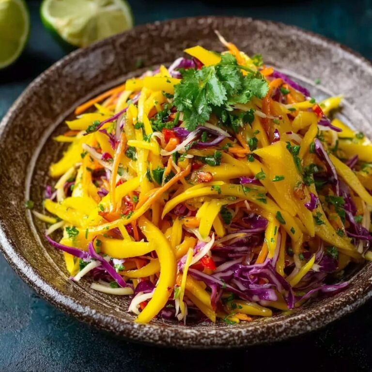 Fresh mango slaw in a bowl with colorful cabbage, mango strips, and cilantro