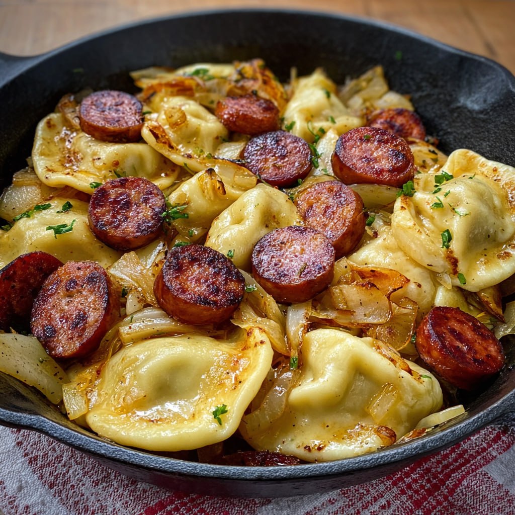 One pan pierogies kielbasa dinner with buttery caramelized onions and crispy potato dumpling edges