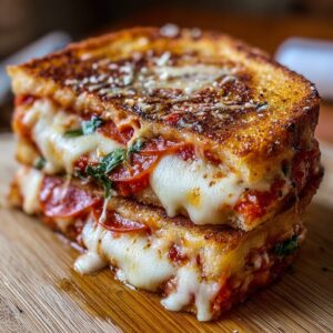 Pizza grilled cheese sandwich cut in half showing melted mozzarella and pepperoni
