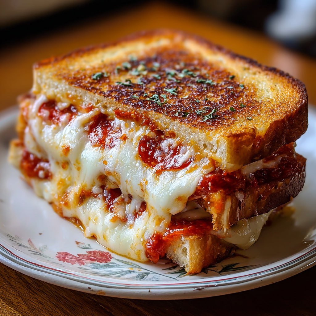 Crispy golden pizza grilled cheese with marinara dipping sauce