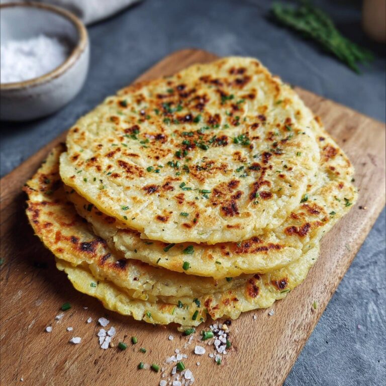 Gluten-free potato flatbread stack on a wooden board