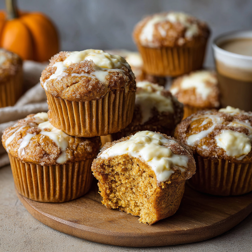 Pumpkin cream cheese muffins on a wooden board with a crumbly streusel topping Starbucks copycat