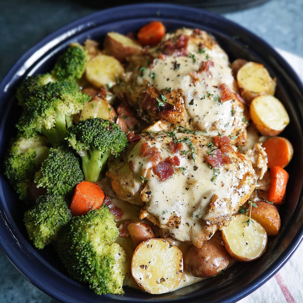 Slow Cooker Creamy Garlic Chicken and Veggies served