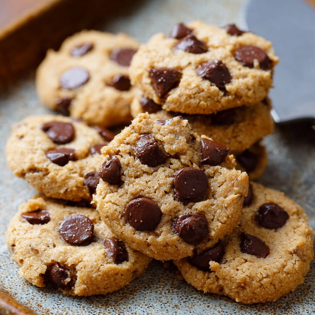 Sugar-free chocolate chip cookies stacked on a white plate