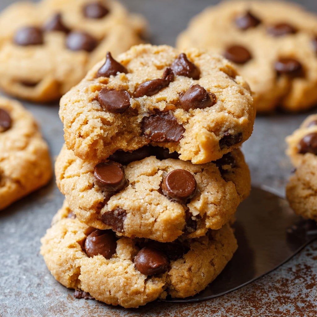Close-up of soft chewy sugar-free chocolate chip cookie broken in half
