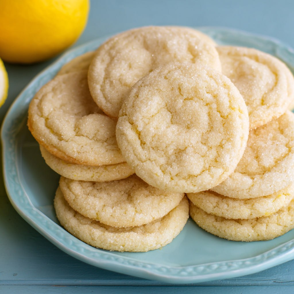 Soft and chewy lemon sugar cookies on a plate dusted with powdered sugar