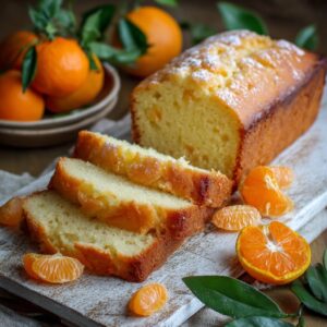 Mandarin orange pound cake sliced on a wooden board with orange glaze drizzled on top
