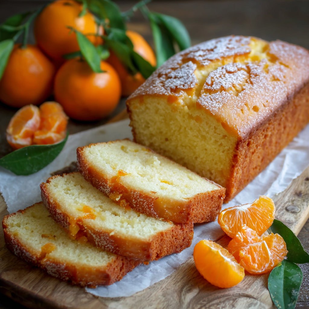Close-up of moist mandarin orange pound cake showing fluffy crumb and citrus glaze