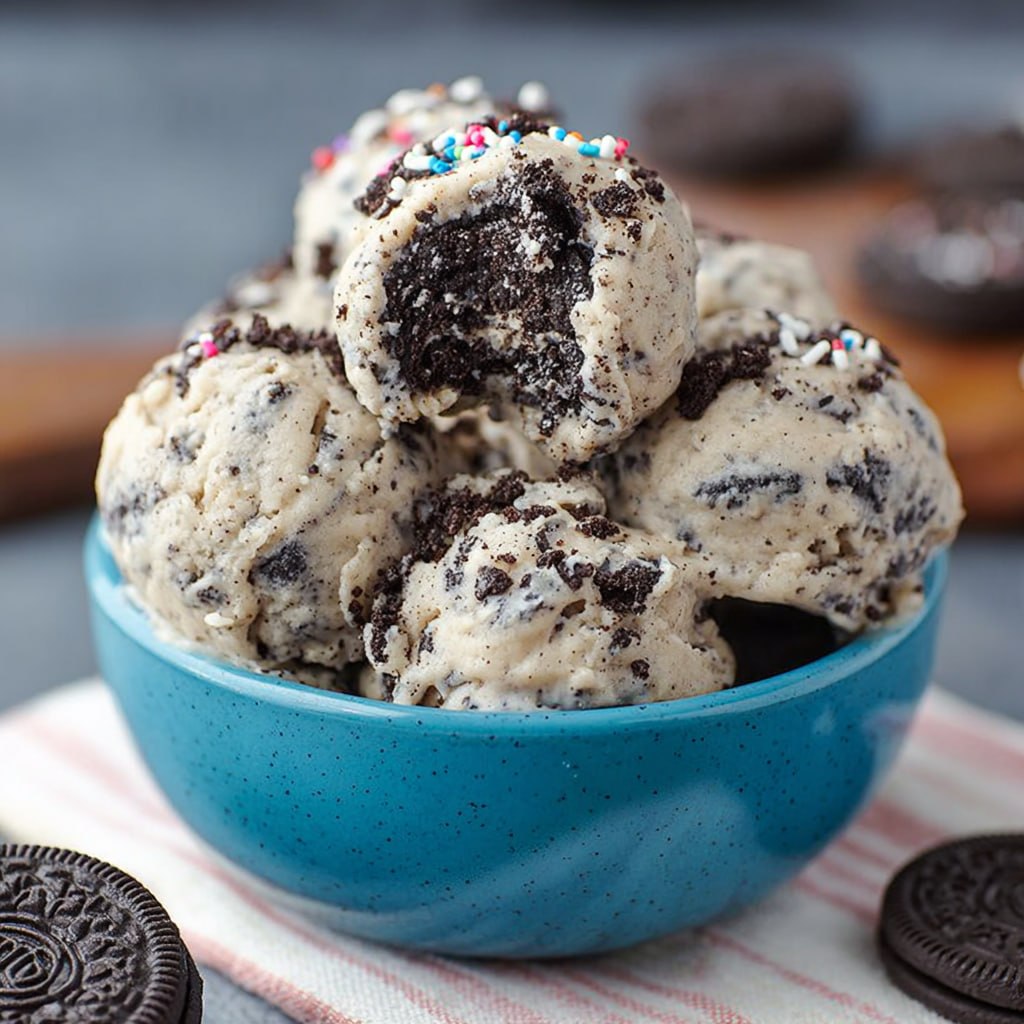 Spoonful of no-bake Oreo cookie dough showing creamy texture with Oreo pieces