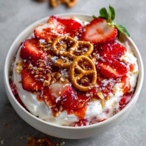 High-protein strawberry pretzel salad bowl with fresh strawberries and crunchy pretzel clusters