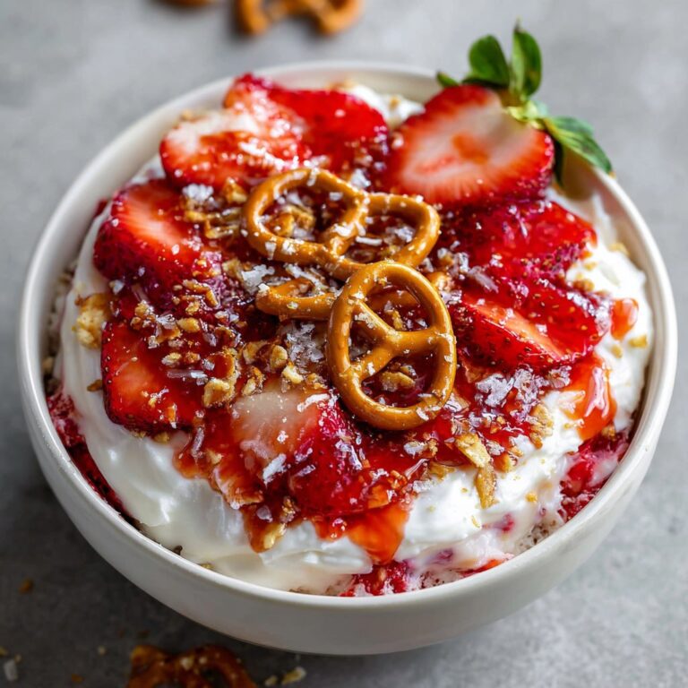 High-protein strawberry pretzel salad bowl with fresh strawberries and crunchy pretzel clusters