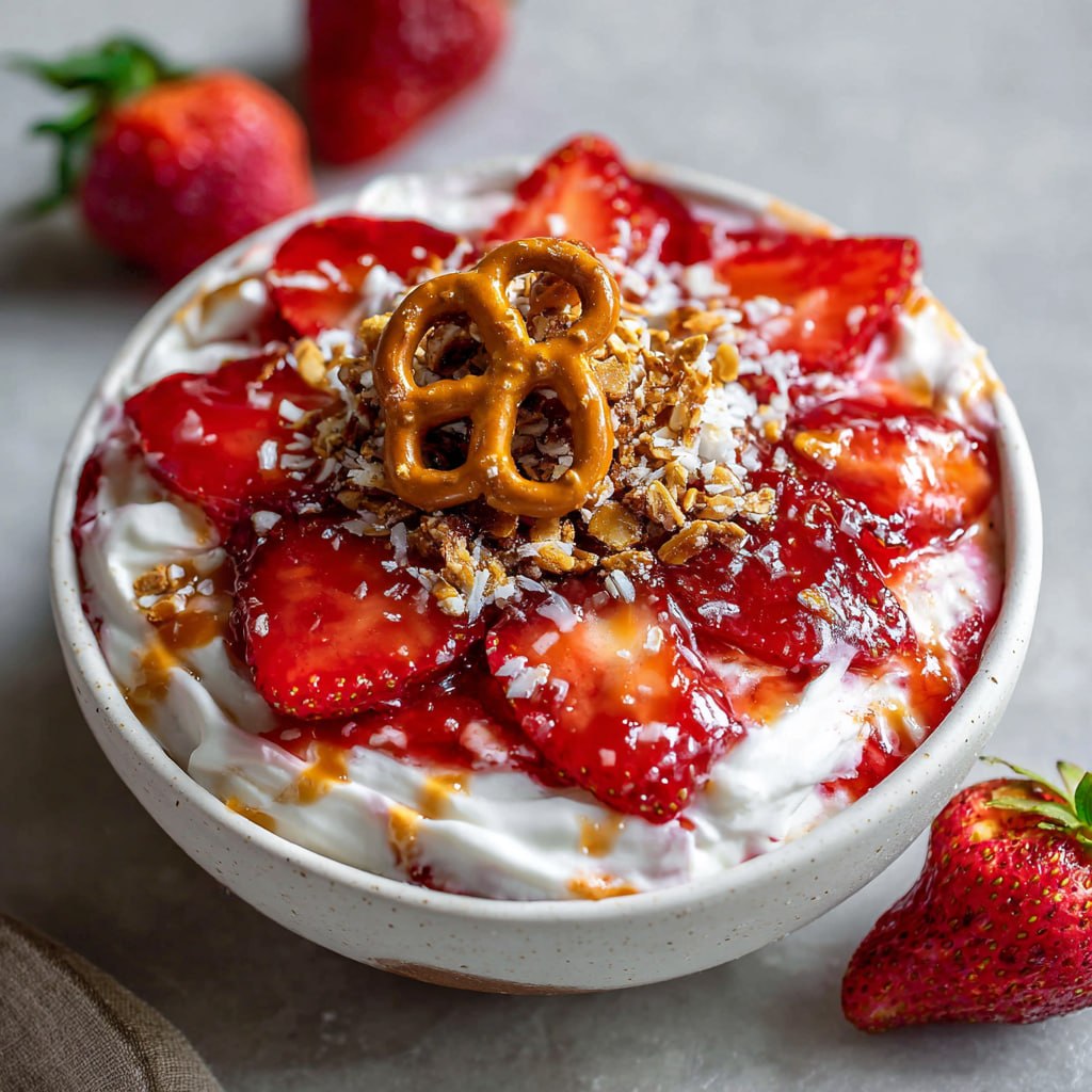Close-up of the strawberry pretzel salad bowl showing creamy yogurt layer with strawberries and pretzels
