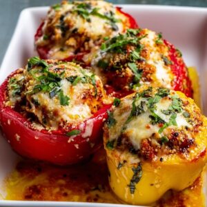 Chicken Parmesan stuffed peppers baked in a dish with melted mozzarella and marinara sauce