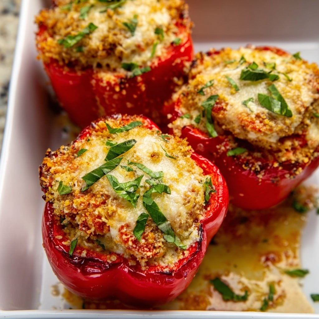 Close-up of chicken parmesan stuffed pepper cut open showing the cheesy chicken filling