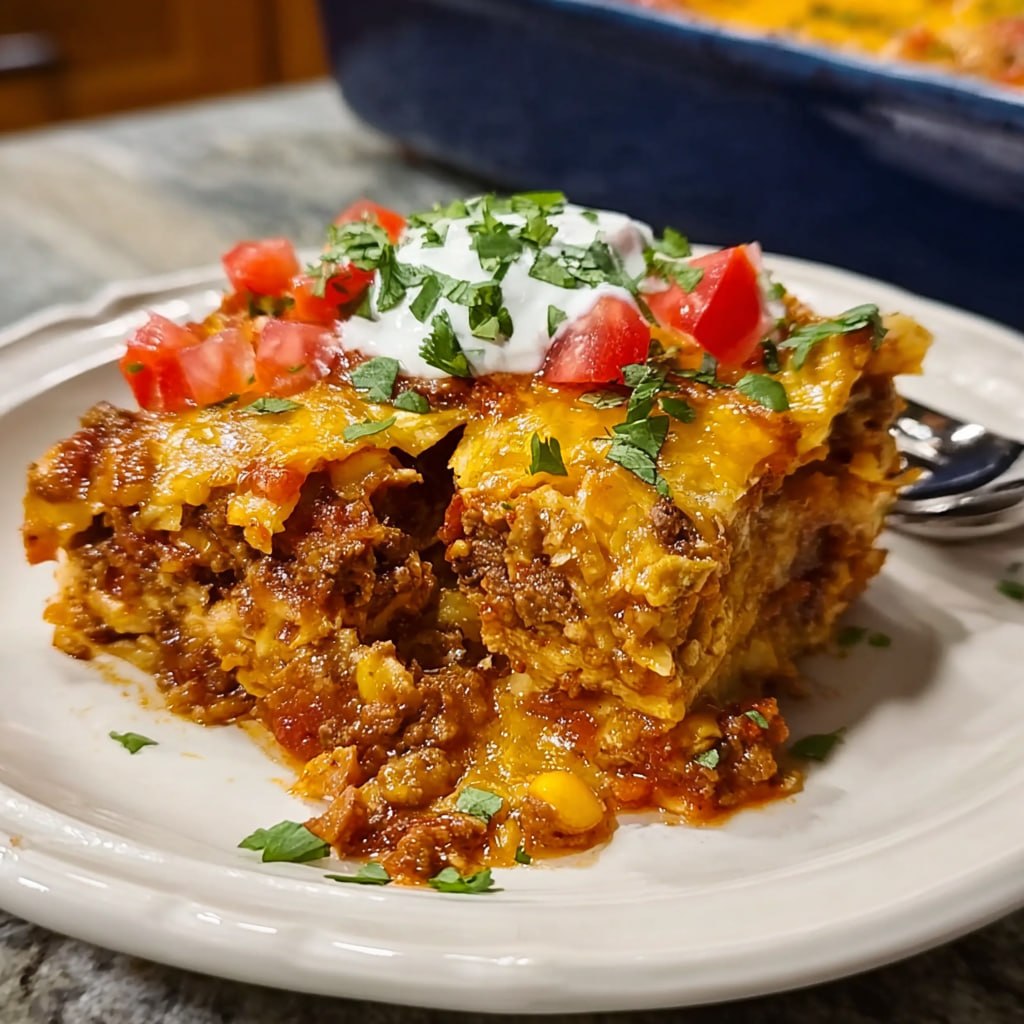 Mexican Lasagna slice served