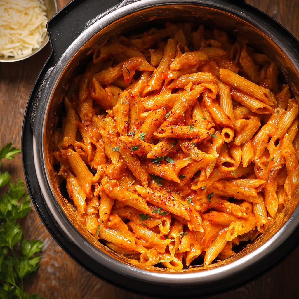 Close up of creamy Instant Pot penne pasta garnished with fresh basil