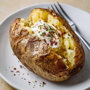 Microwave baked potato loaded with sour cream, butter, and chives