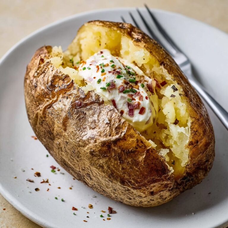 Microwave baked potato loaded with sour cream, butter, and chives