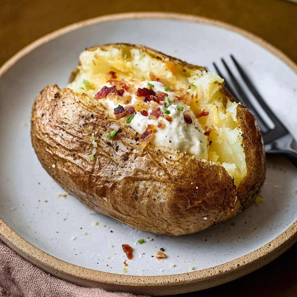 Perfectly fluffy microwave baked potato split open and ready to top