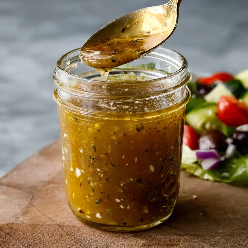 Greek salad dressing drizzled over a fresh salad with olives and feta
