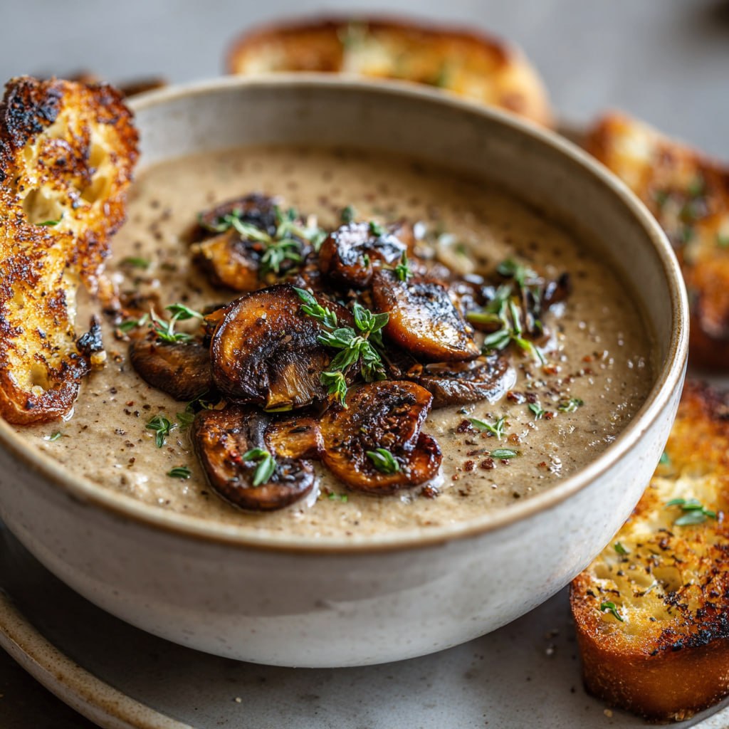 Creamy Roasted Mushroom Soup served