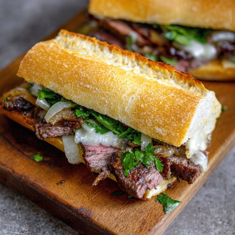 Juicy steak sandwich on a toasted hoagie roll with caramelized onions and peppers