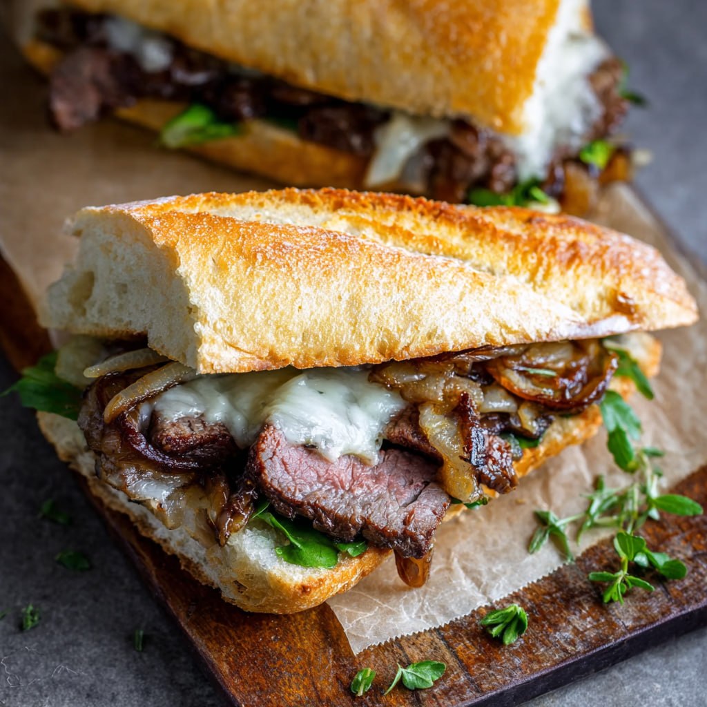 Close up of a loaded steak sandwich with melted provolone and steak strips