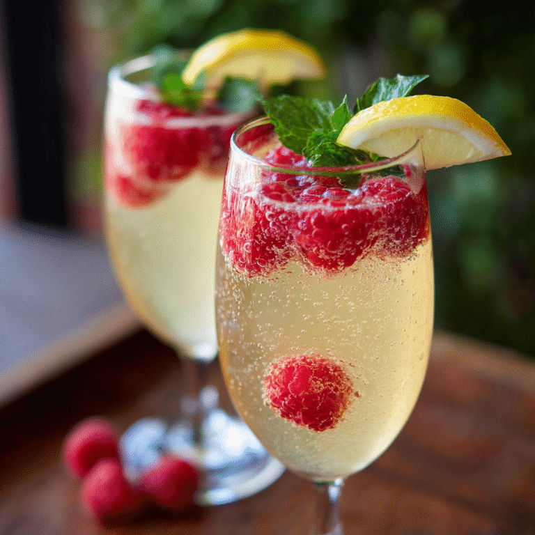 Raspberry Limoncello Prosecco cocktail in a champagne flute with fresh raspberries and lemon slices on a festive table