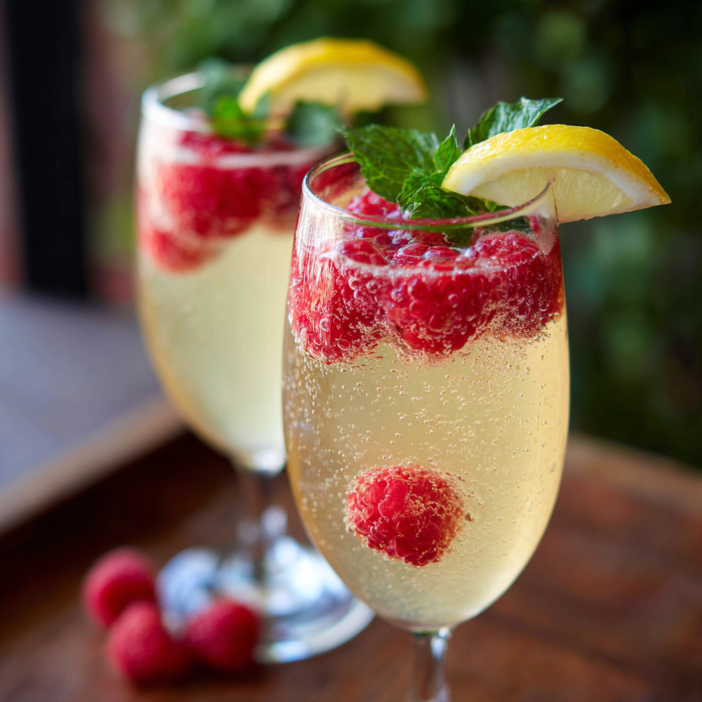Raspberry Limoncello Prosecco cocktail in a champagne flute with fresh raspberries and lemon slices on a festive table