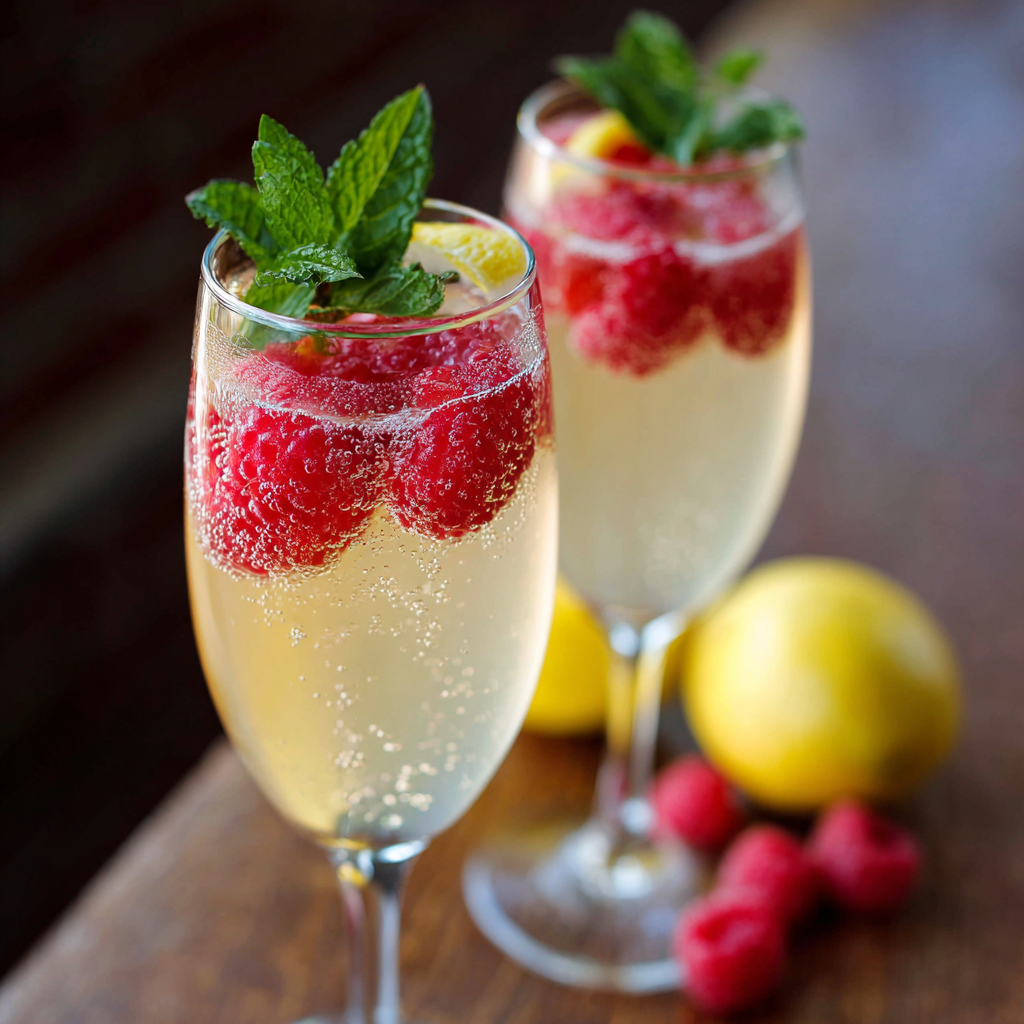 Two glasses of Raspberry Limoncello Prosecco garnished with fresh mint and raspberries perfect for parties and celebrations