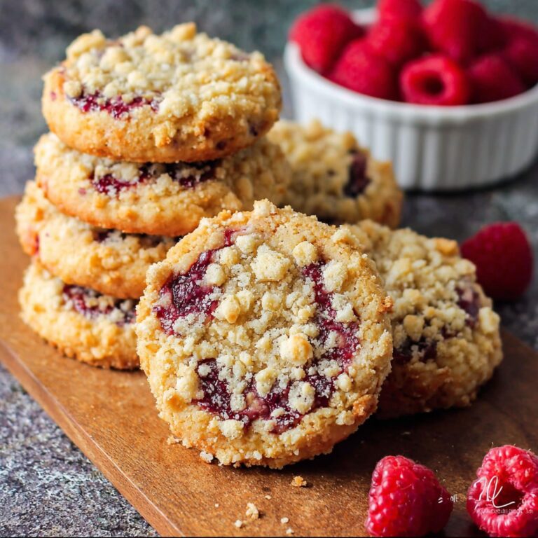Raspberry crumble cookies with golden crumble topping and fresh raspberry jam center