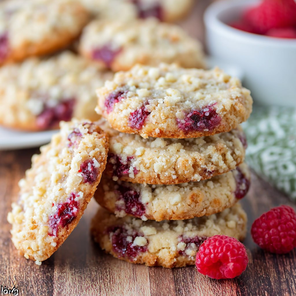 Stack of raspberry crumble cookies on a white plate dusted with powdered sugar