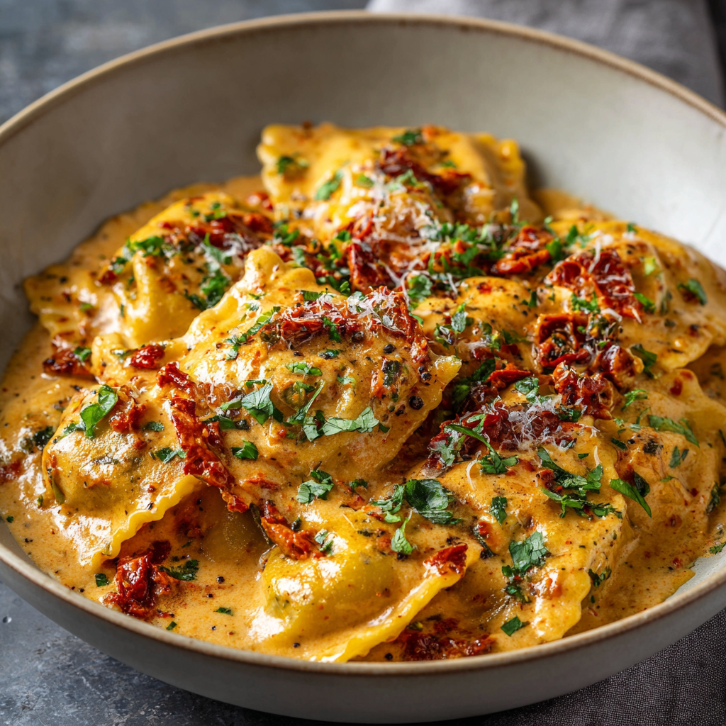 Close-up of cheese ravioli coated in a rich sun dried tomato and cream sauce with garlic and herbs