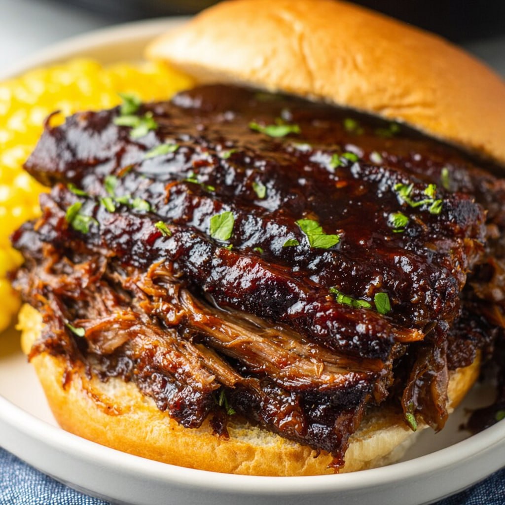 Slow cooker brisket fork-tender sliced beef in rich braising juices